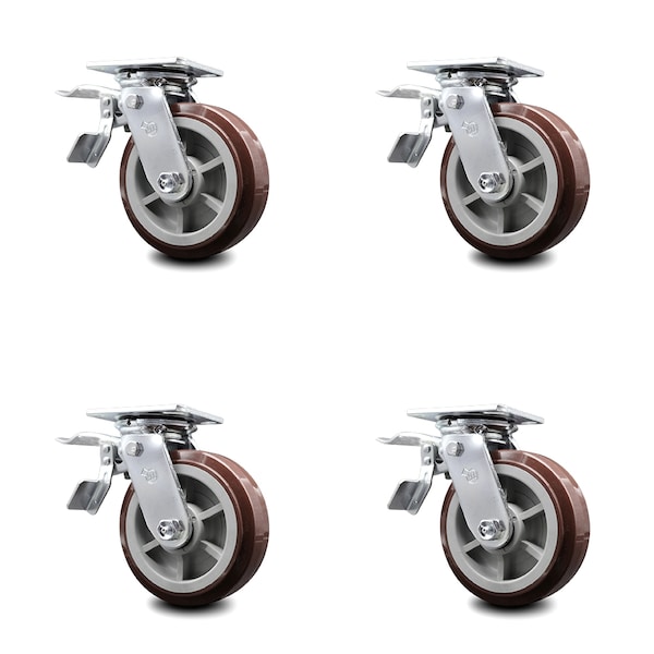 6 Inch Polyurethane Caster Set with Roller Bearings and Total Lock Brakes SCC